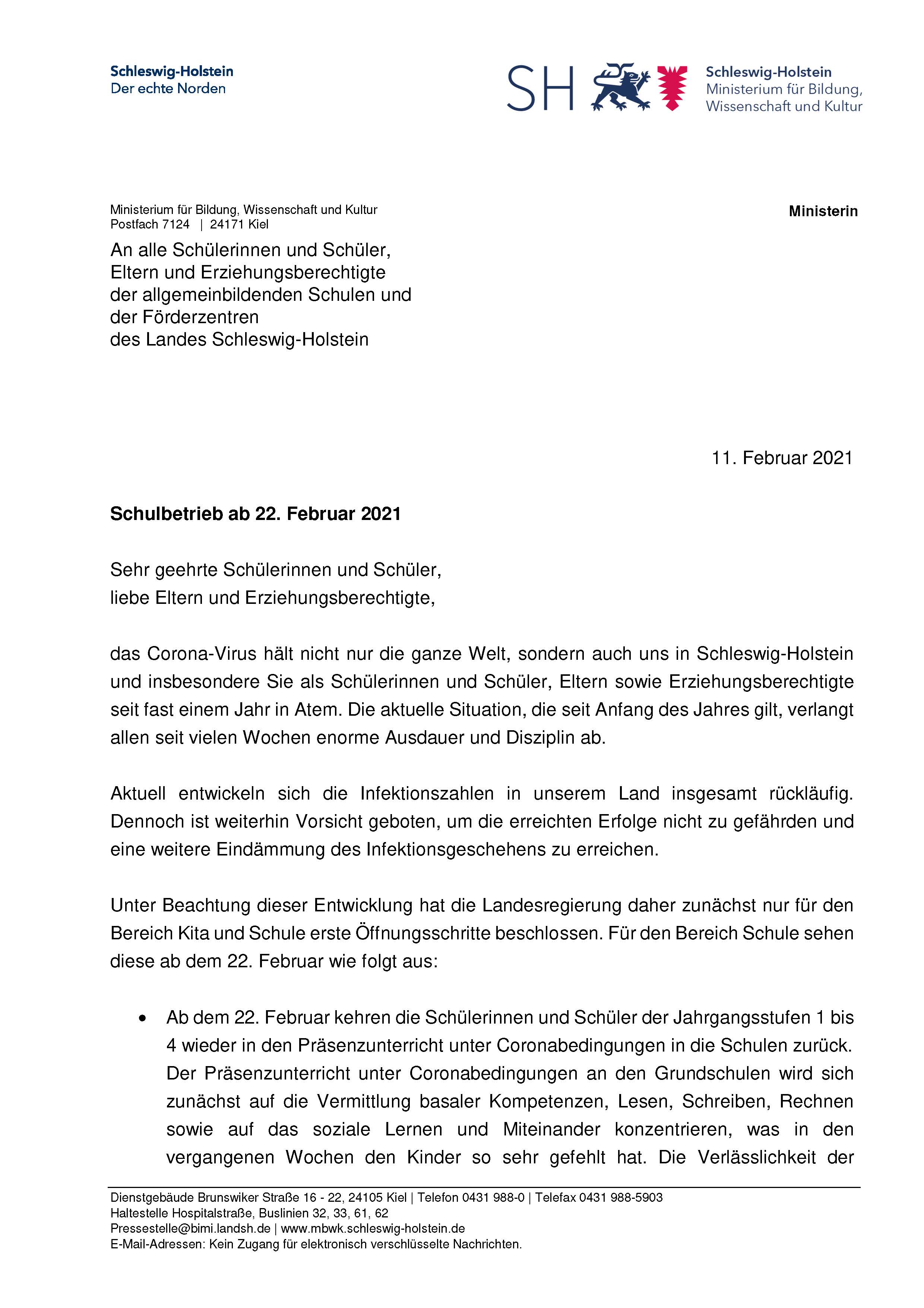 20210211 Anschreiben Ministerin Schulbetrieb ab 22022021 SuS Eltern Seite 1